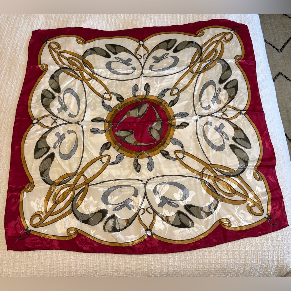 Vintage Large 32”x35” Square Scarf/Wrap Equestrian Horse Theme Red Gold Viscose